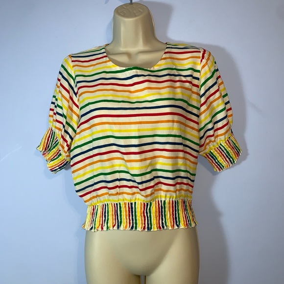 Compania fantastica rainbow Striped Multicolor Women smocked waist cropped top M - Picture 1 of 7